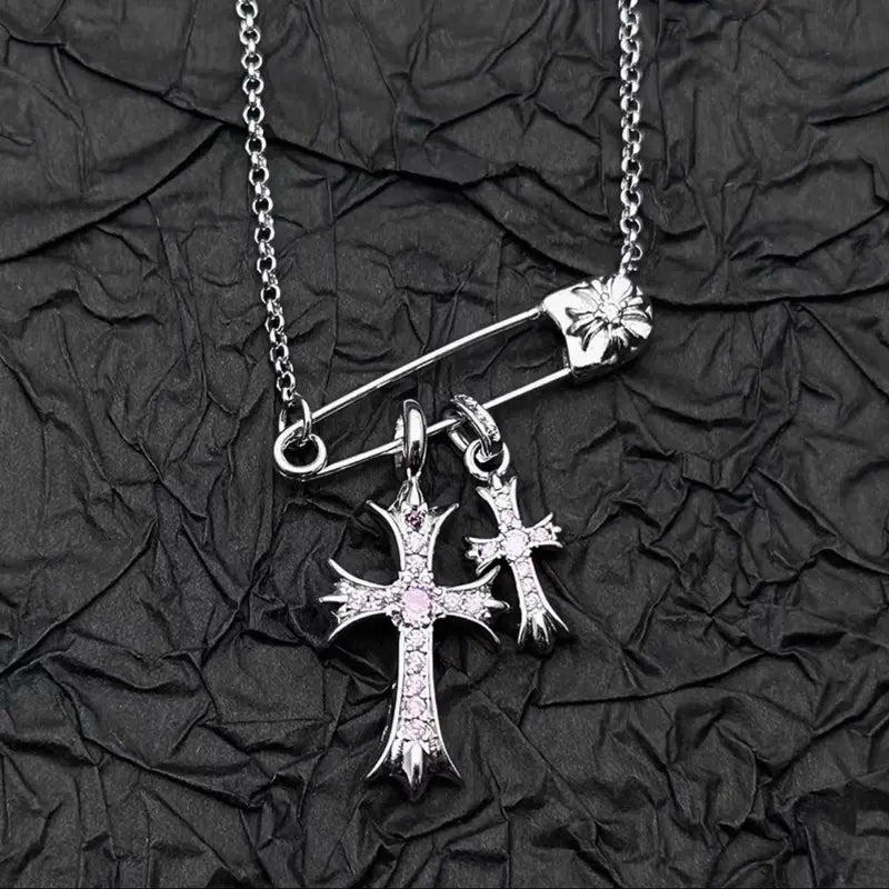 925 silver plated white gold rhinestone pin double cross pendant necklace for men and women european and american style