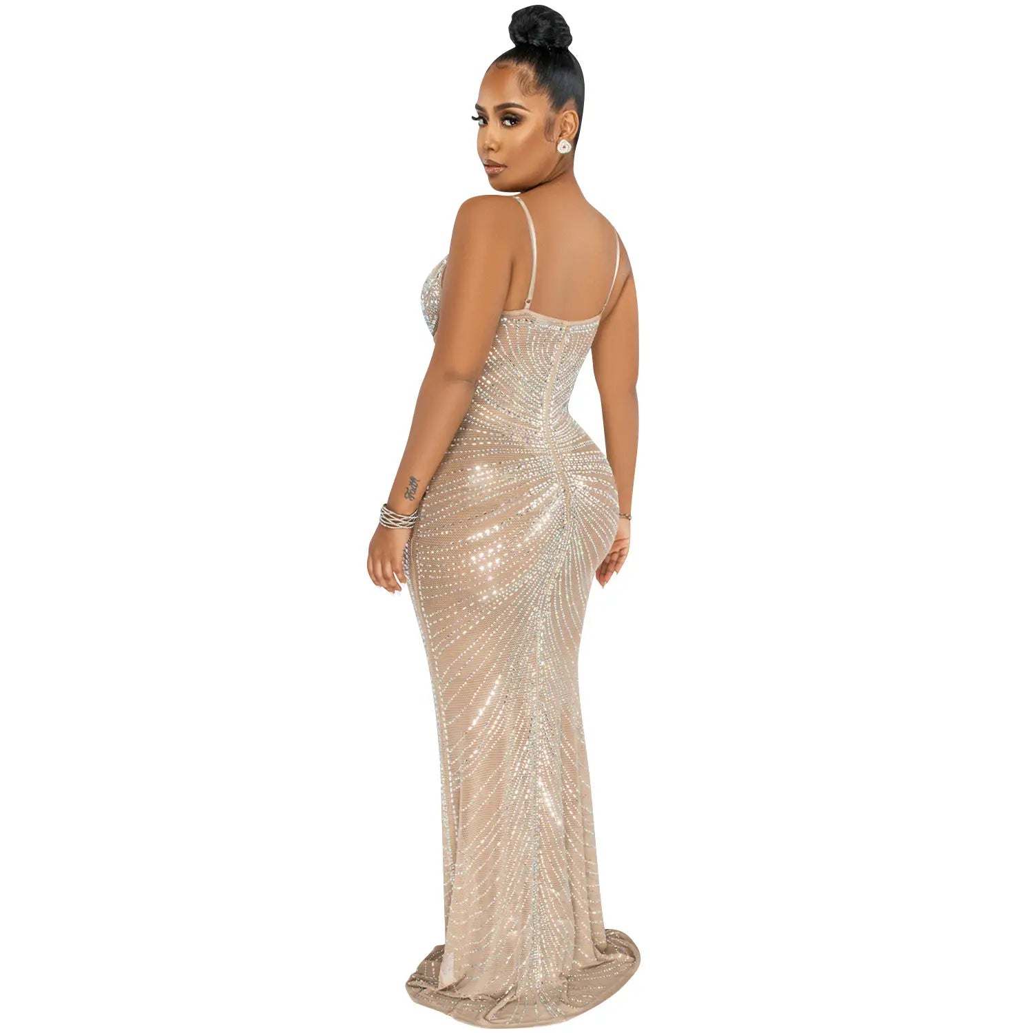 Fashion sexy beaded strapless sheer mesh long dress