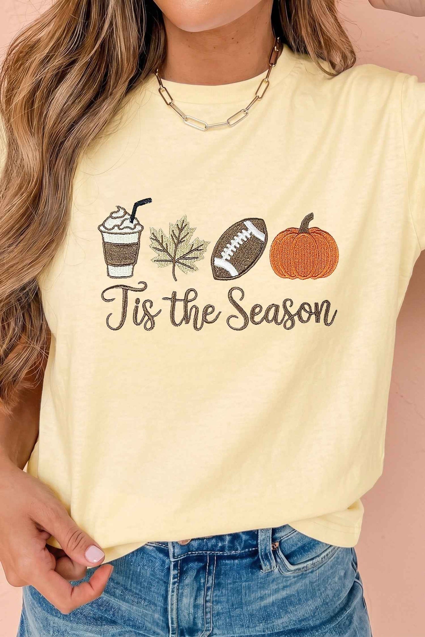 Yellow Cream Tis the Season Embroidered Fall Icons Casual Round Neck Tee
