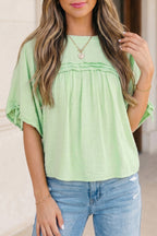 Mist Blue Tie Half Sleeve Pleated Detail Babydoll Blouse