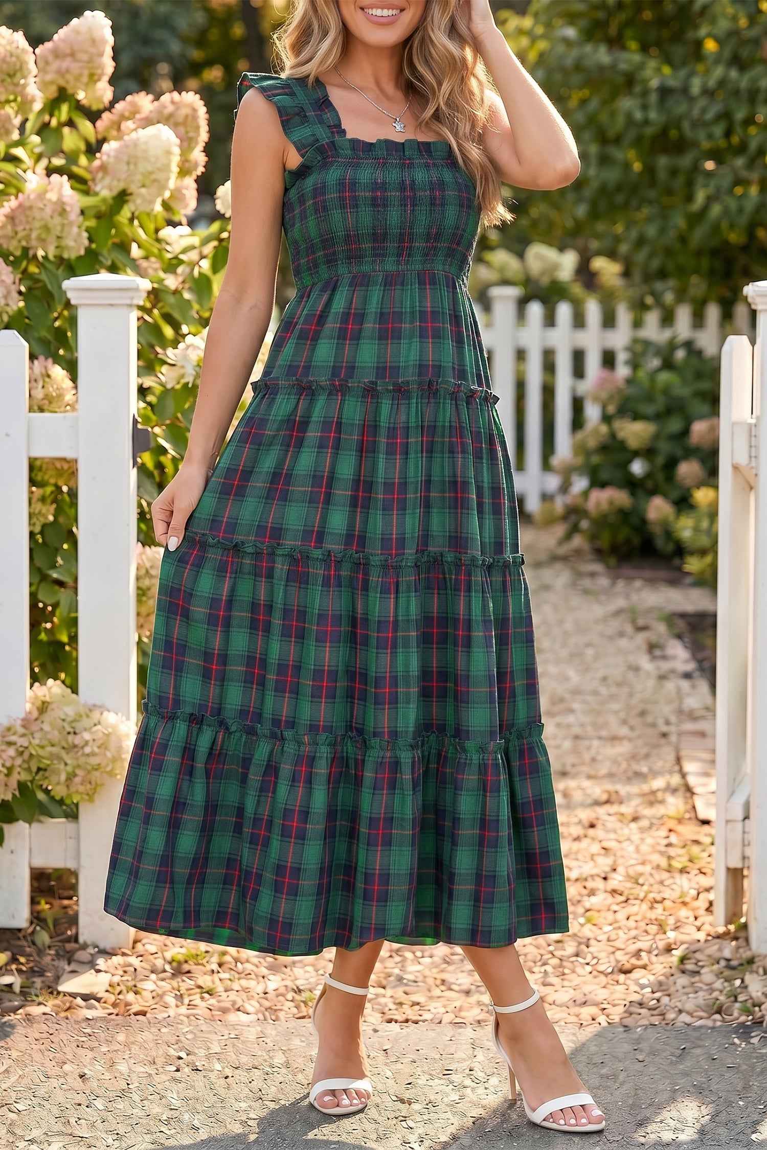 Green Plaid Ruffle Sleeveless Shirred Bodice Tiered Midi Dress