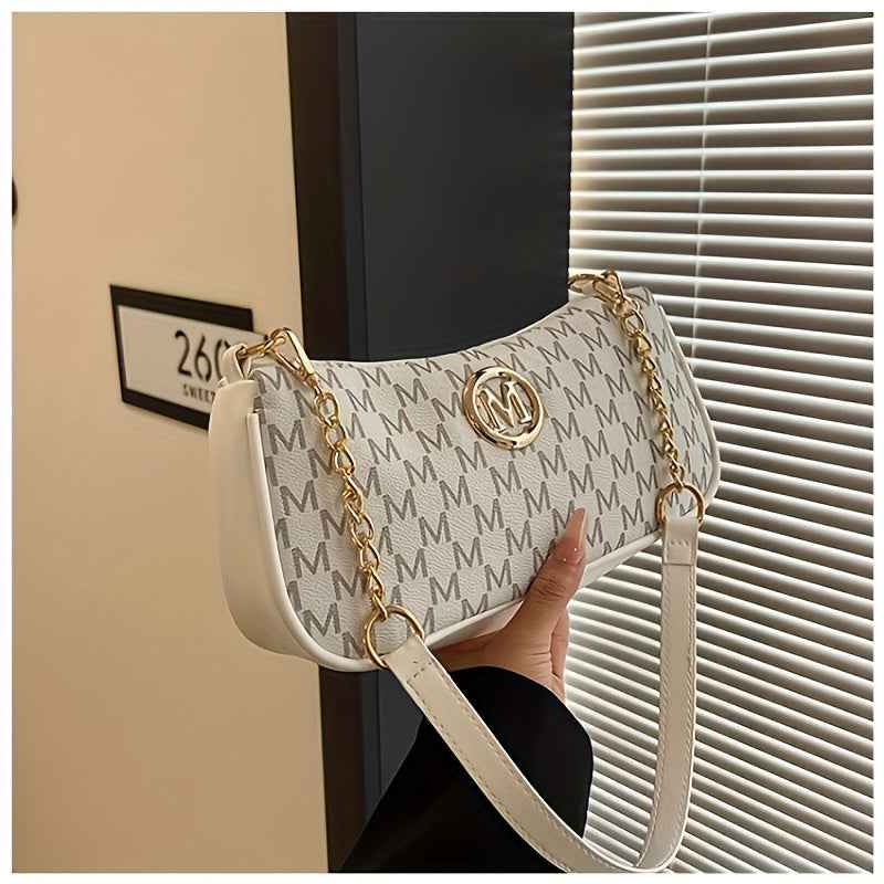 French Vintage Letter Print Underarm Bag with Chain  M Logo