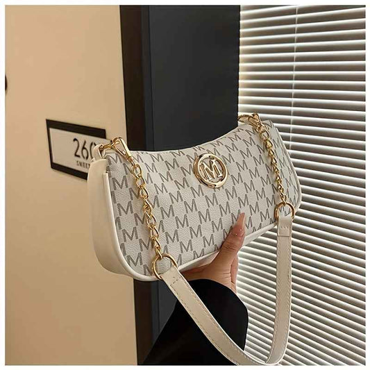 French Vintage Letter Print Underarm Bag with Chain  M Logo