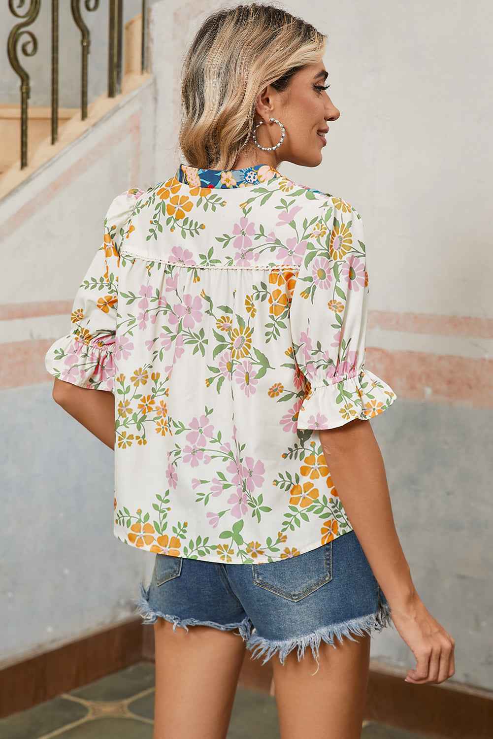 Multicolour Half Sleeve Boho Floral Pop of Color Neckline Blouse