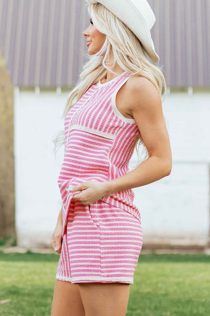 Pink Stripe Textured Contrast Trim Casual Tank and Shorts Set