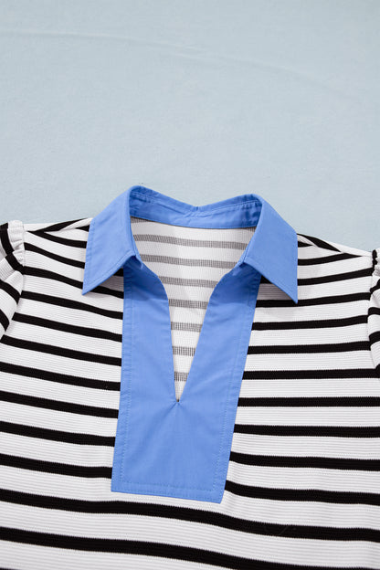 Blue Stripe Short Puff Sleeve Color Block Polo Collar Blouse