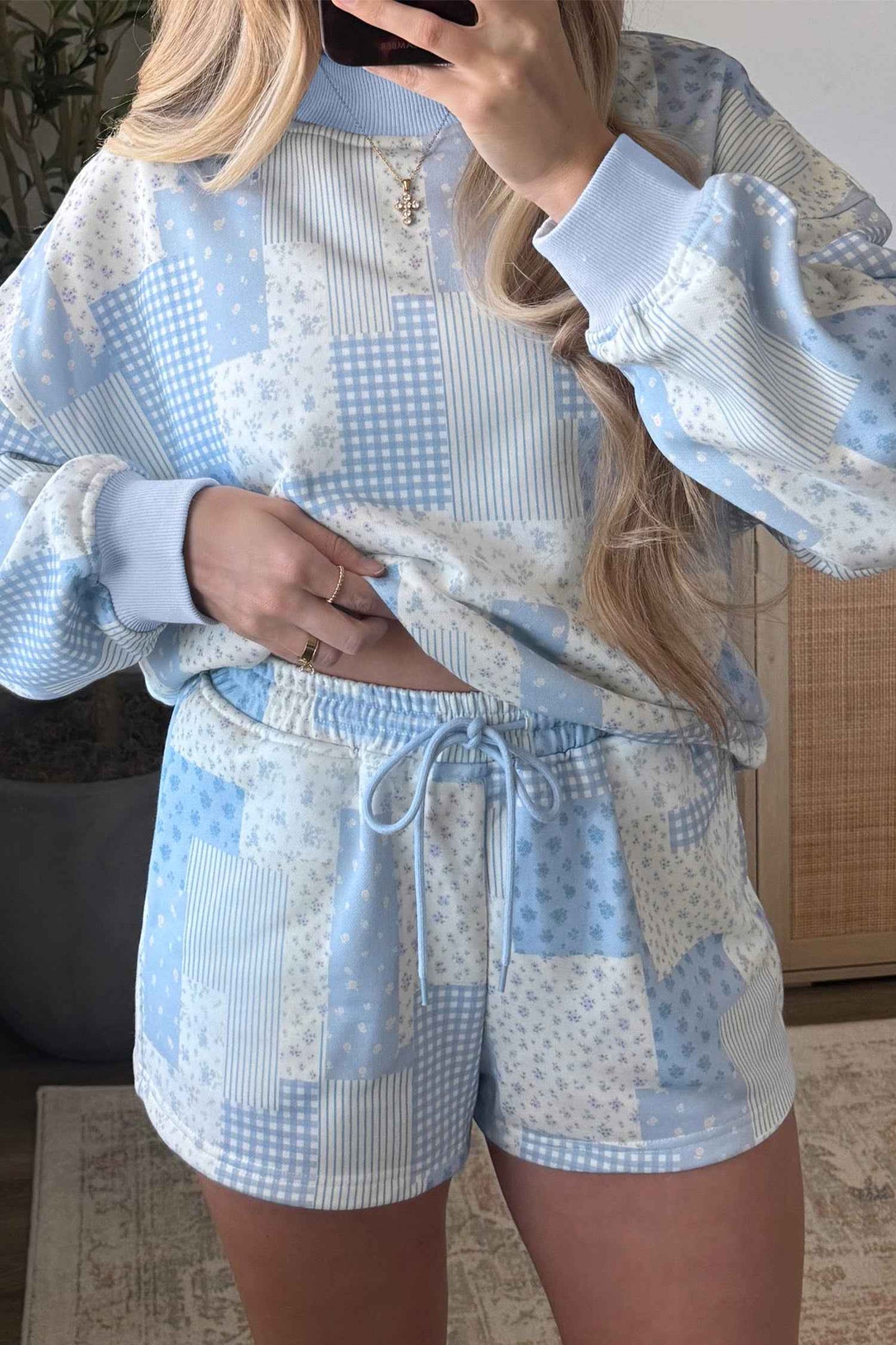 Sky Blue Patchwork Floral Print Drop Shoulder Baggy Pullover Drawstring Shorts Set