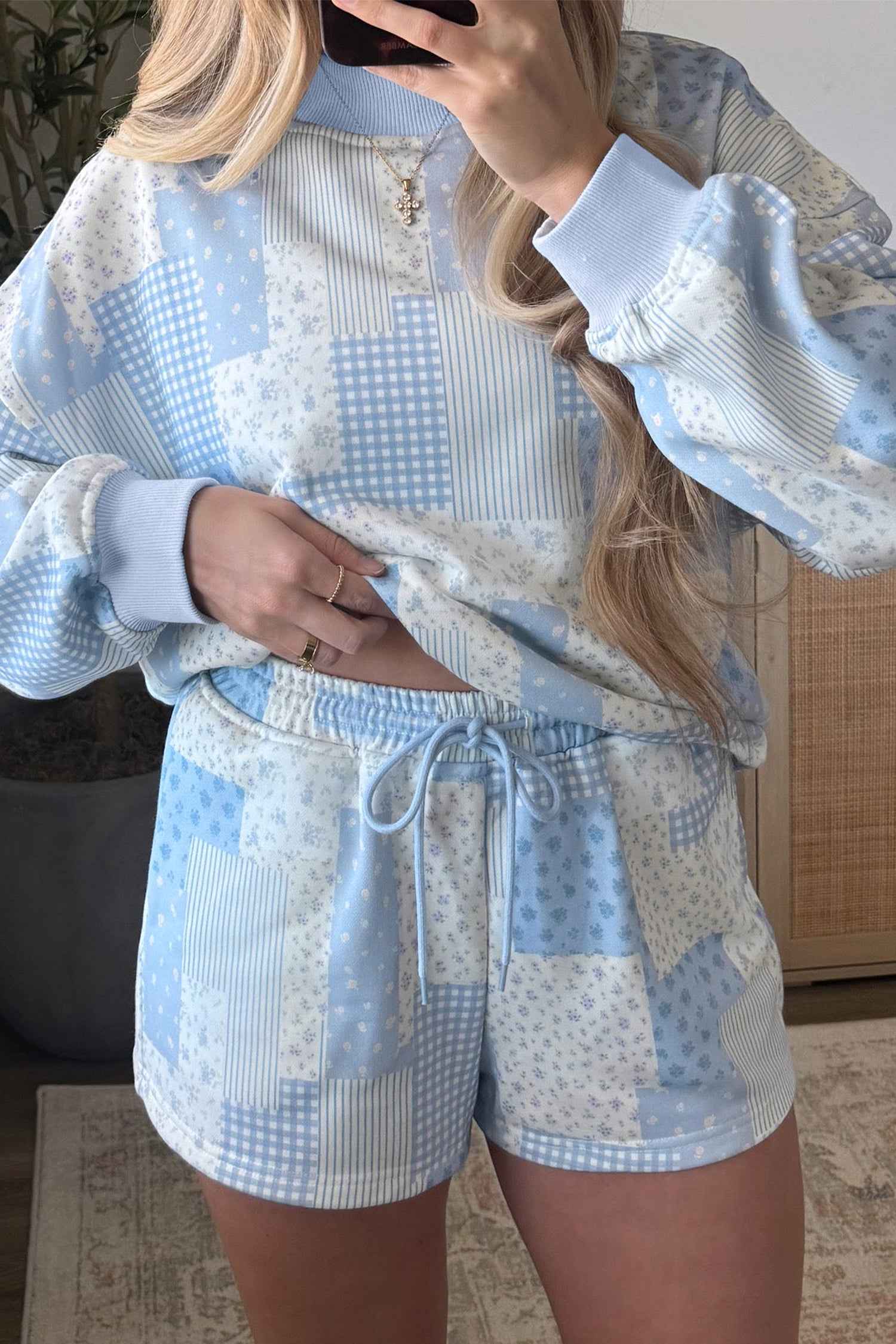 Sky Blue Patchwork Floral Print Drop Shoulder Baggy Pullover Drawstring Shorts Set