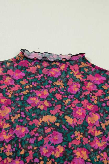 Brown Floral Printed Mesh Short Sleeve Top