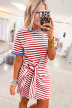 Sky Blue Stripe Nautical Tie Contrast Trim Round Neck T Shirt Mini Dress