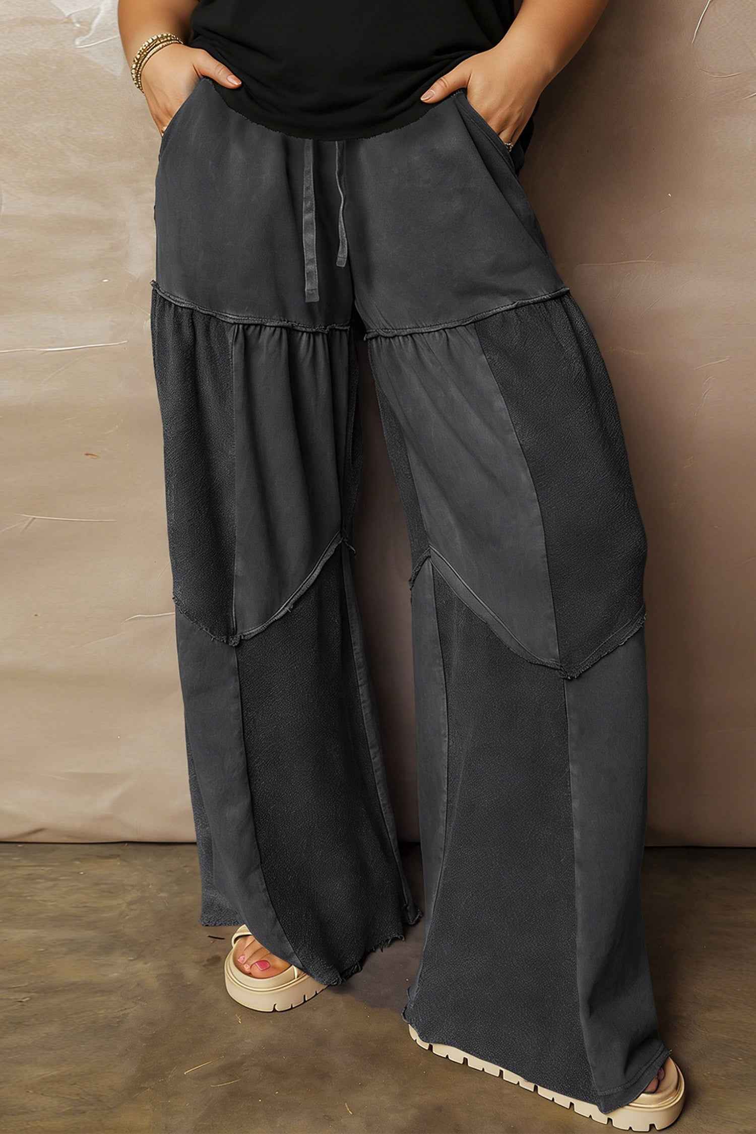 Black Plus Size Mineral Wash Exposed Seam Patchwork Drawstring Loose Pants