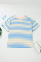 Sky Blue Stripe Plus Size Drop Shoulder Contrast Trim Round Neck Tee