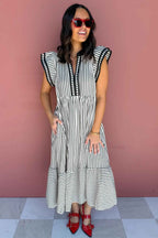 Black Stripe Plus Size Slit V Neck Tiered Flutter Sleeve Maxi Dress
