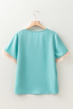 Green Lace Trim V Neck Short Sleeve Blouse