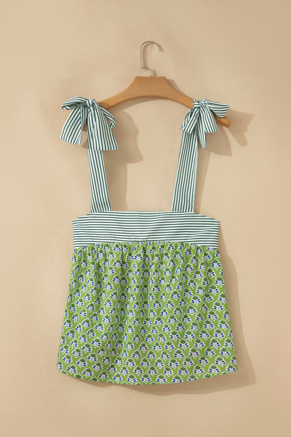 Green Floral Printed Knot Straps Babydoll Tank Top