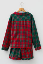 Green Plaid Christmas Holiday Patchwork Long Sleeve Shirt and Shorts Pajama Set