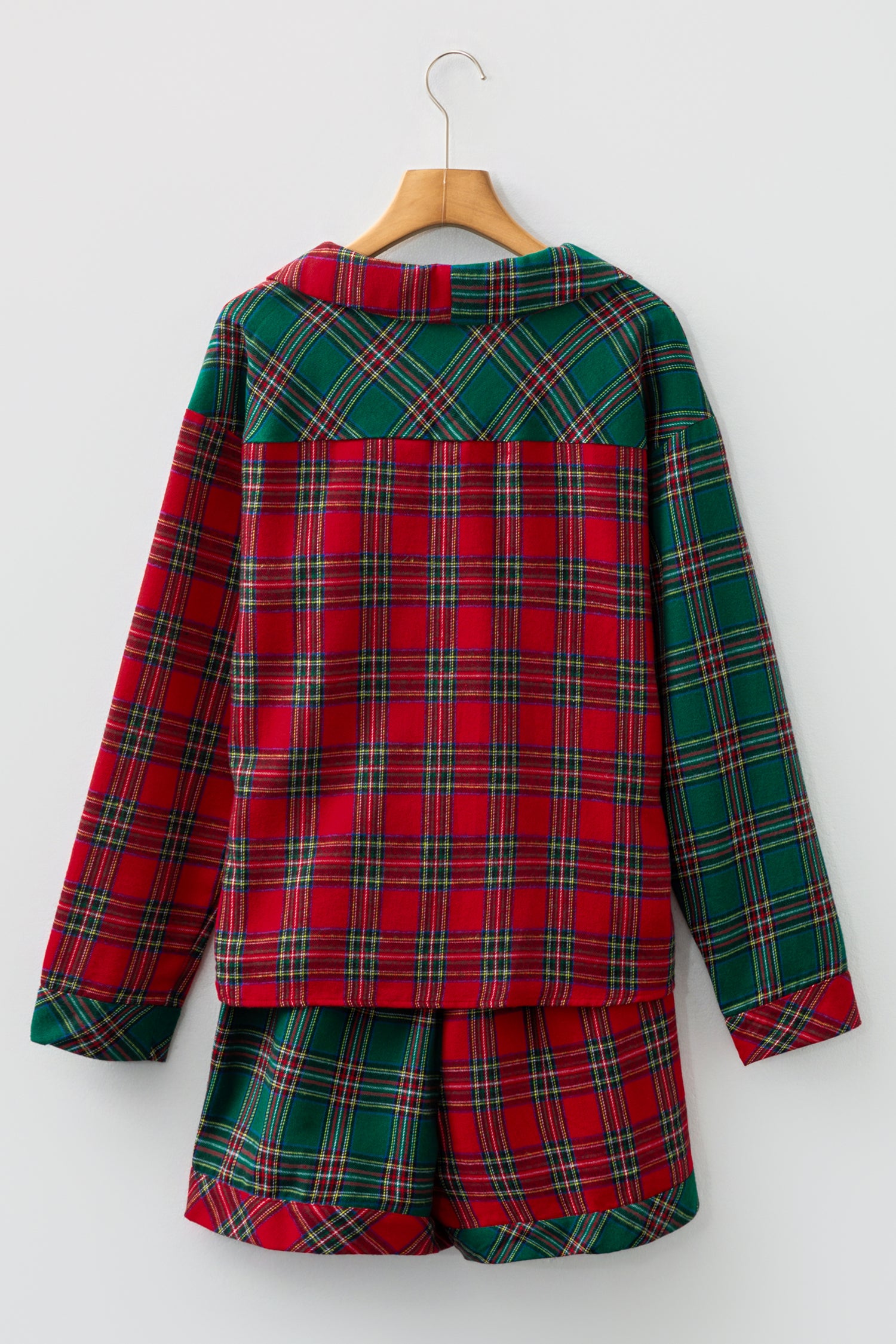 Green Plaid Christmas Holiday Patchwork Long Sleeve Shirt and Shorts Pajama Set