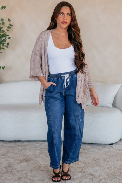 Old Rose Hollowed Pattern Knit Drop Shoulder Open Sweater Cardigan