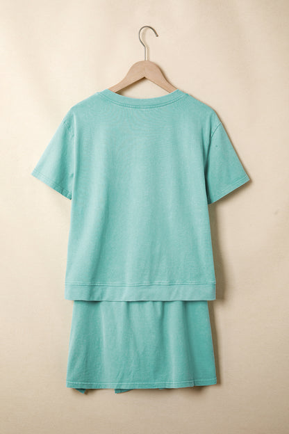 Beau Blue Mineral Wash V Neck Tee Matching Skort Set
