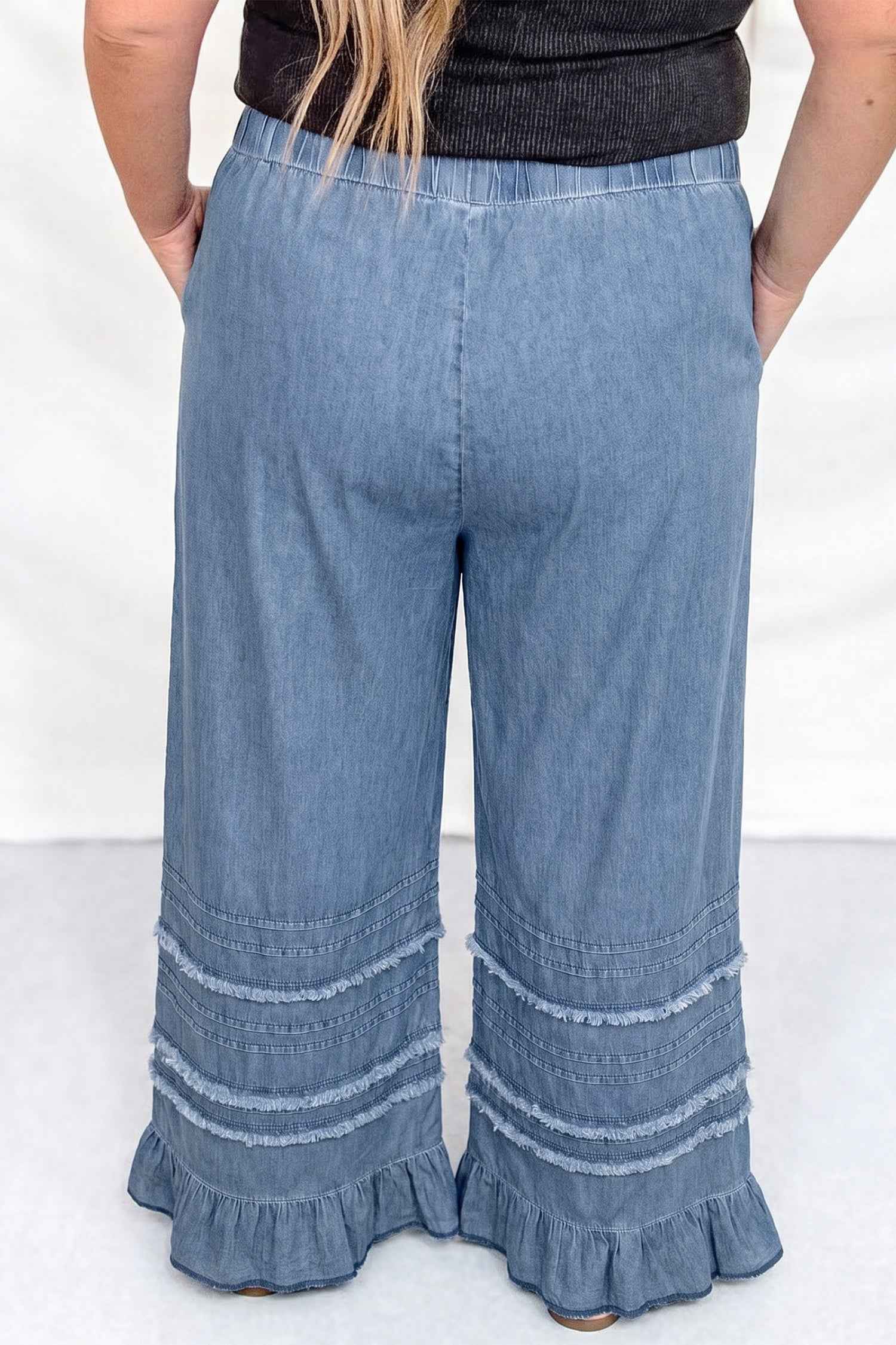 Dusk Blue Tiered Raw Edge Ruffled Plus Size Wide Leg Denim Pants