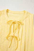 Yellow Cream Bow Tie Notched Neck Pleated Sleeveless Top