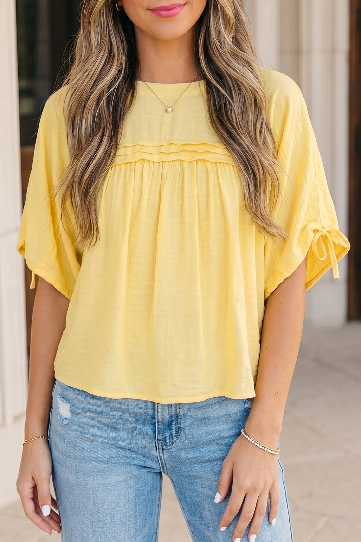 Mist Blue Tie Half Sleeve Pleated Detail Babydoll Blouse