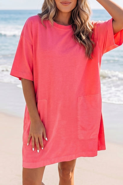Coral Paradise Drop Shoulder Loose Casual T Shirt Mini Dress