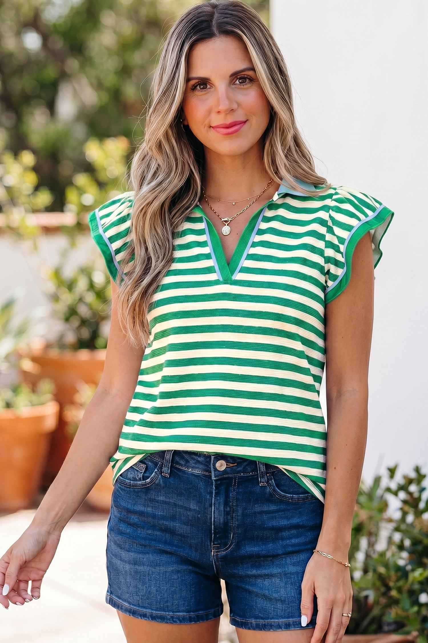 Green Stripe Contrast Trim Polo Collar Ruffled Short Sleeve Blouse