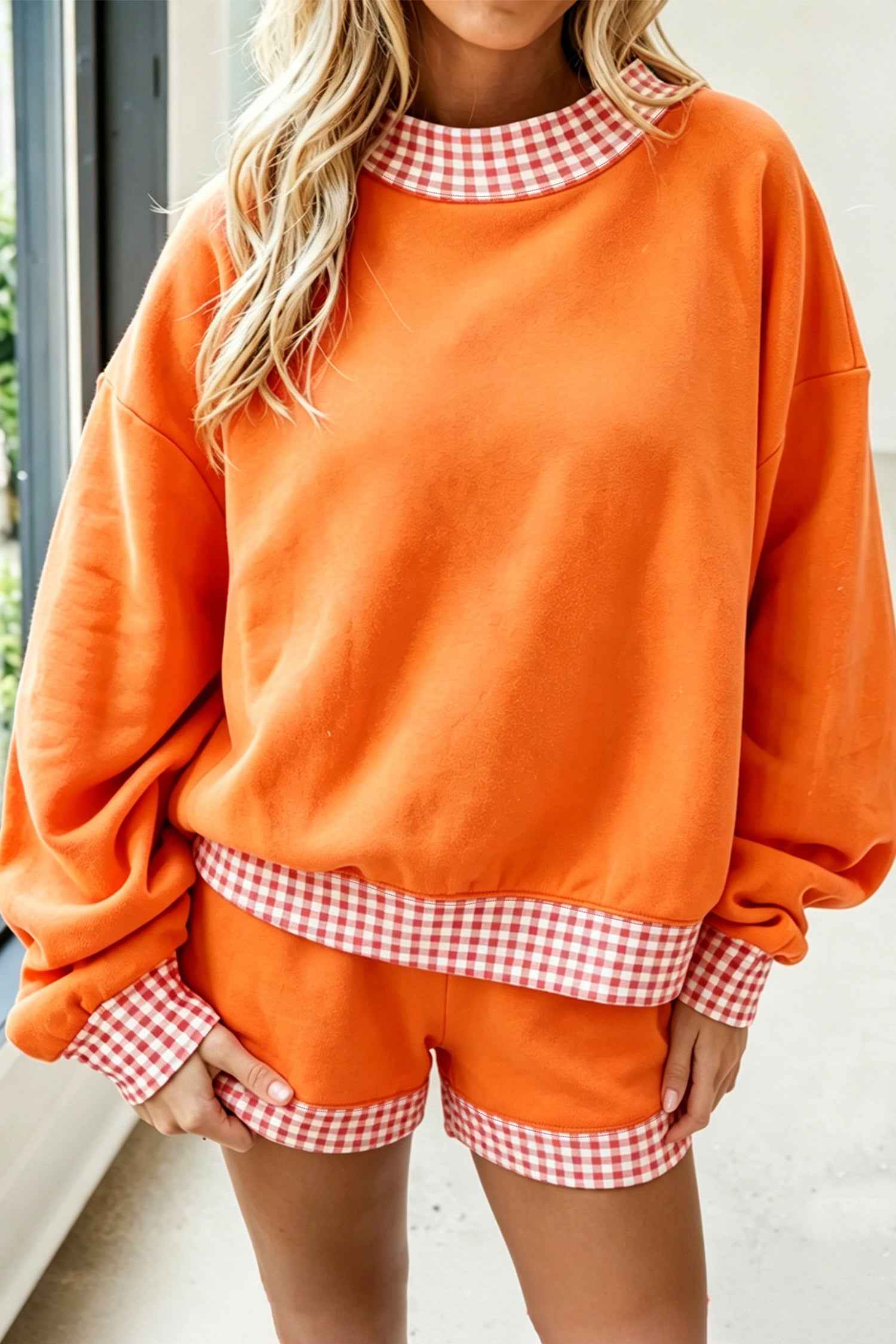 Carrot Gingham Trim Baggy Pullover 2pcs Short Set