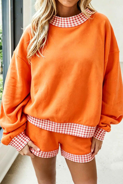 Carrot Gingham Trim Baggy Pullover 2pcs Short Set