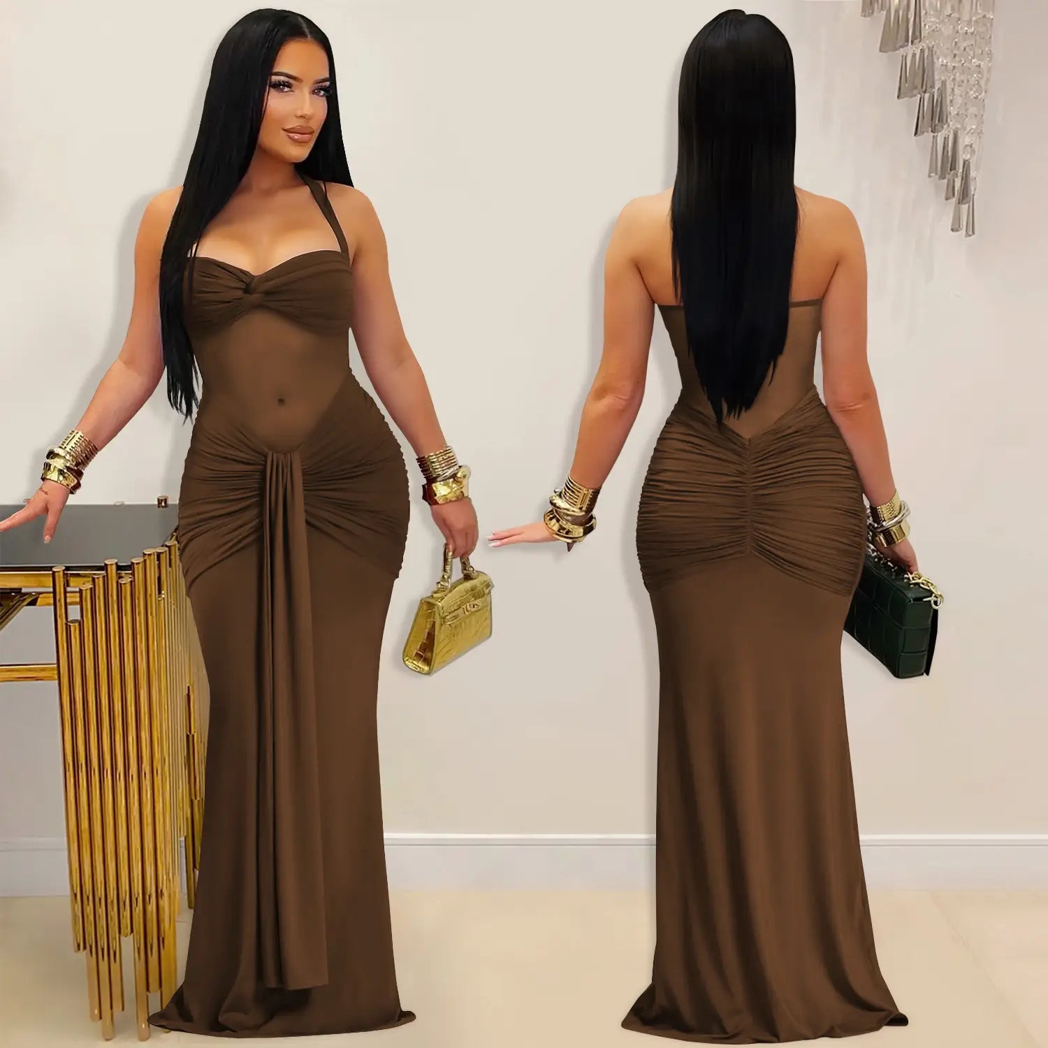 Fashion women’s sexy sheer mesh halter tie-back dress