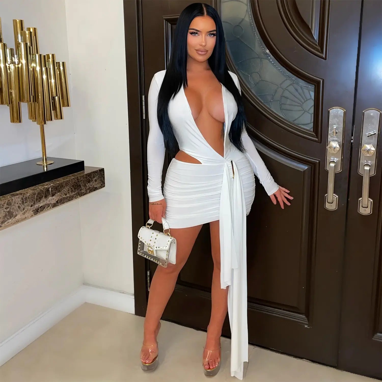 Fashion Women's Sexy Deep V Neck Solid Color Ribbon Dress Mini Dress