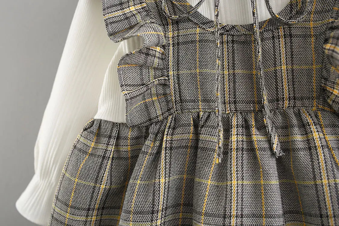 Weaved children’s wear new baby girls’ large check neckline ribbon dress