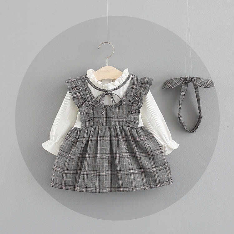 Weaved children’s wear new baby girls’ large check neckline ribbon dress