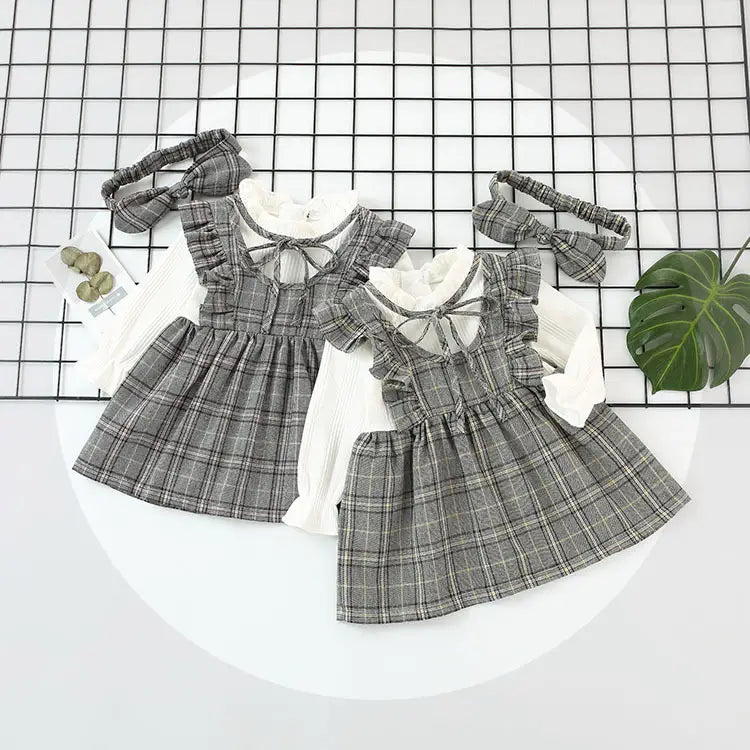 Weaved children’s wear new baby girls’ large check neckline ribbon dress