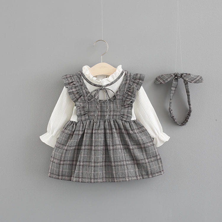Weaved children’s wear new baby girls’ large check neckline ribbon dress