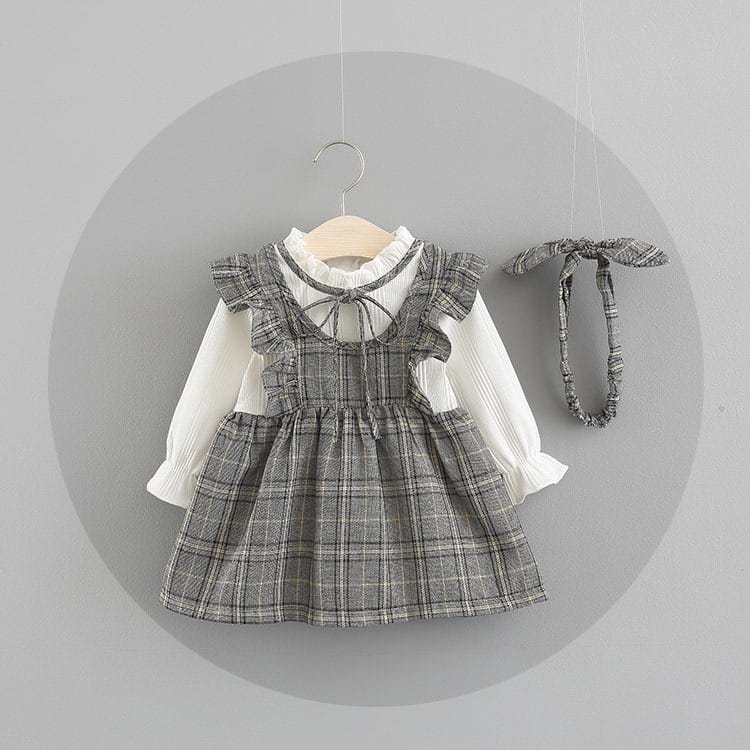 Weaved children’s wear new baby girls’ large check neckline ribbon dress