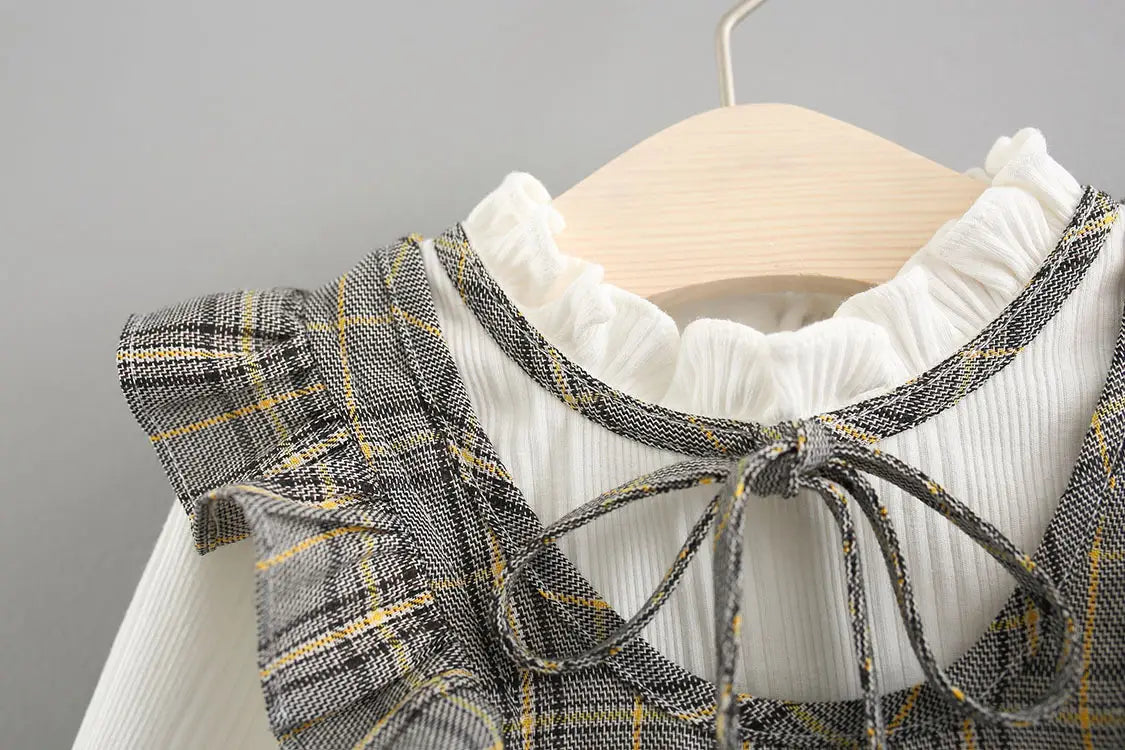 Weaved children’s wear new baby girls’ large check neckline ribbon dress