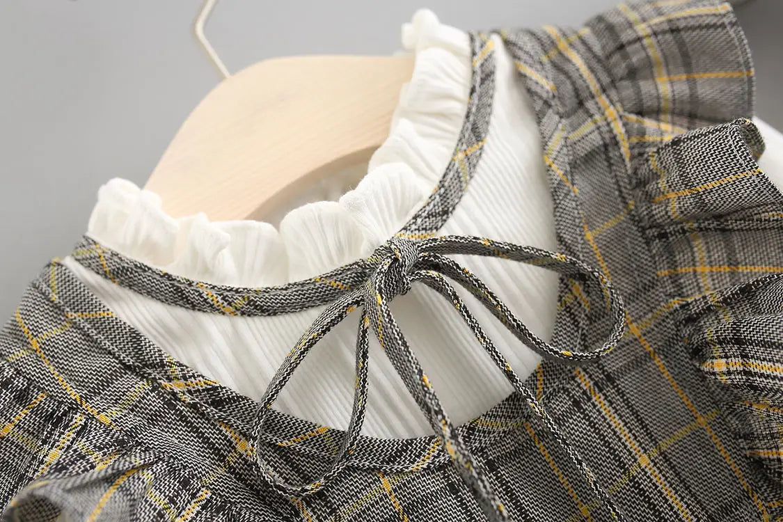 Weaved children’s wear new baby girls’ large check neckline ribbon dress