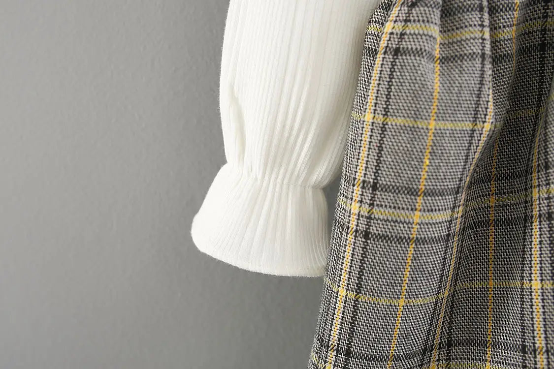 Weaved children’s wear new baby girls’ large check neckline ribbon dress