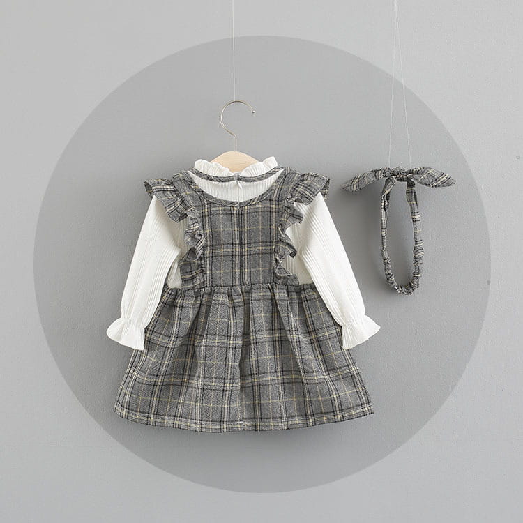 Weaved children’s wear new baby girls’ large check neckline ribbon dress