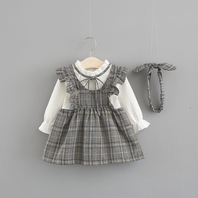 Weaved children’s wear new baby girls’ large check neckline ribbon dress