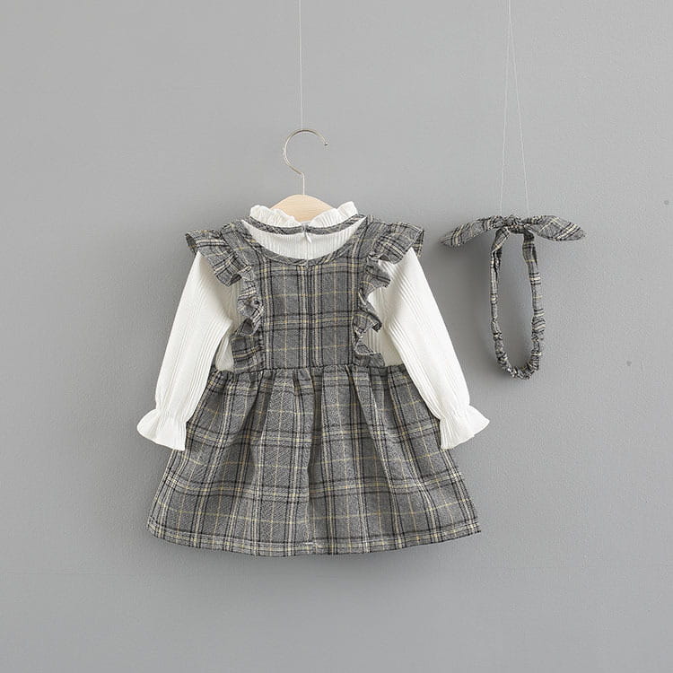 Weaved children’s wear new baby girls’ large check neckline ribbon dress