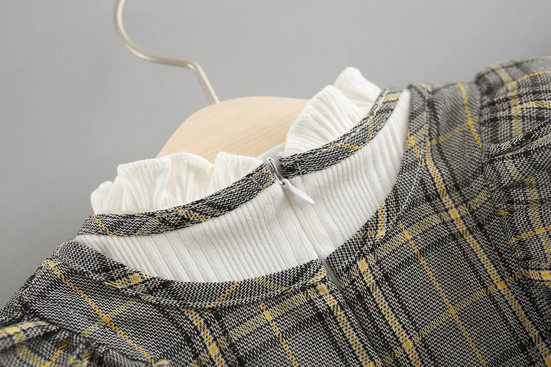 Weaved children’s wear new baby girls’ large check neckline ribbon dress