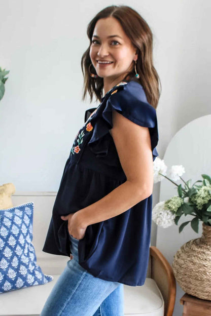 Dirty Blue V Neck Ruffled Sleeve Floral Embroidered Detail Babydoll Blouse