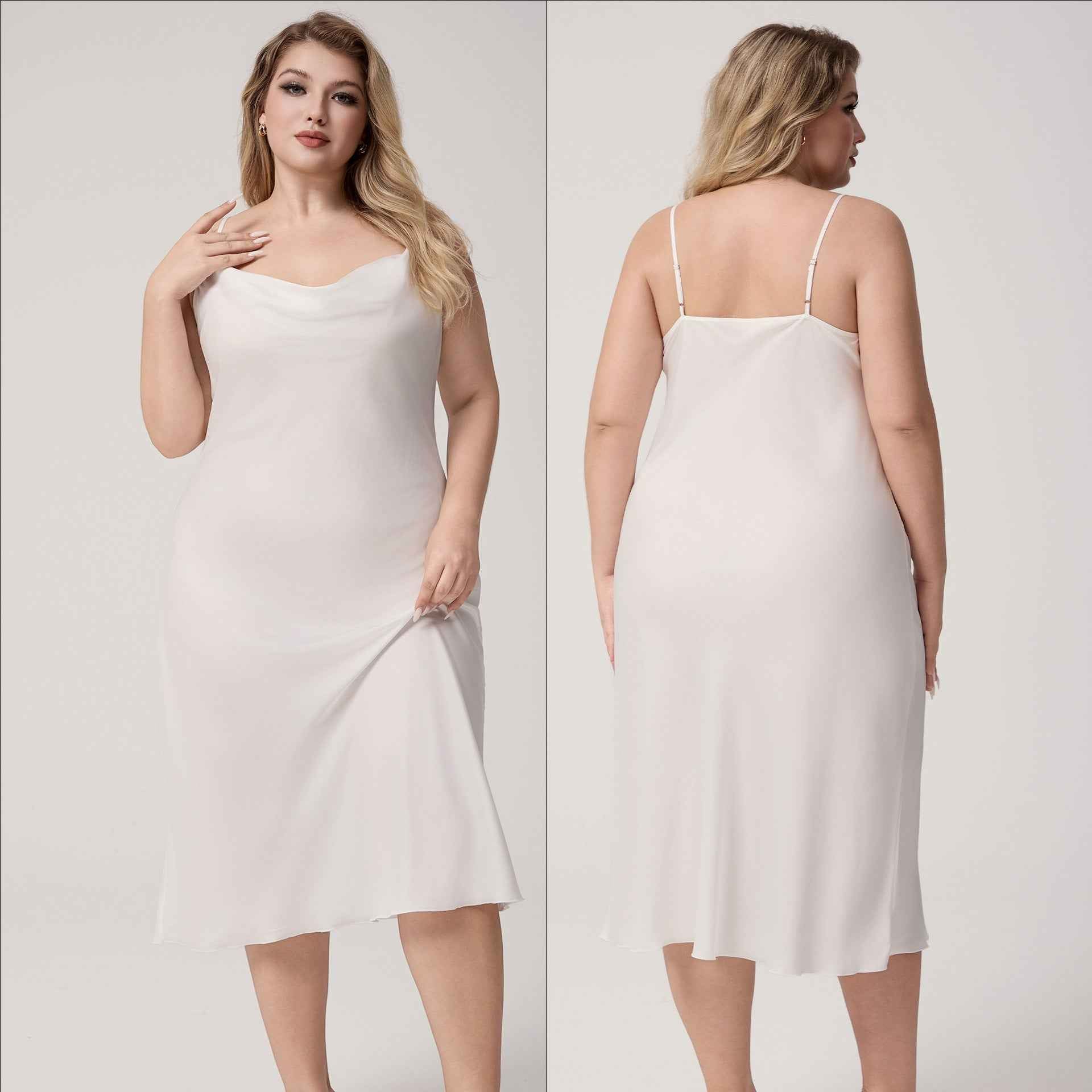 Plus Size Satin Nightdress for Women Summer One-Piece Plunge Neck Strap Loose Loungewear Sleepwear