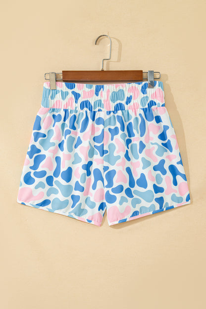 Multicolour Camouflage Print Shirred High Waist Athleisure Shorts