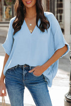 Black Frayed Batwing Sleeve Textured Cotton Blouse