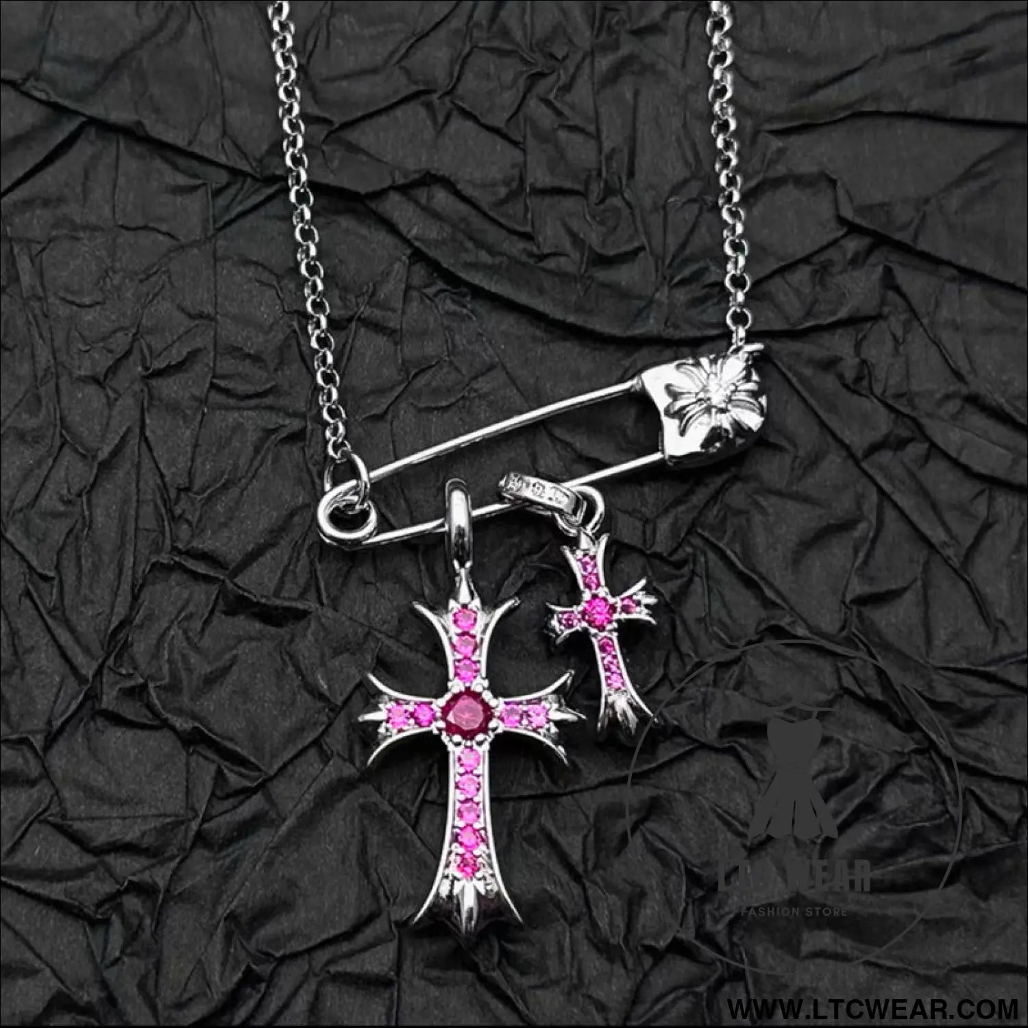925 silver plated white gold rhinestone pin double cross pendant necklace for men and women european and american style