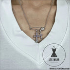 925 silver plated white gold rhinestone pin double cross pendant necklace for men and women european and american style